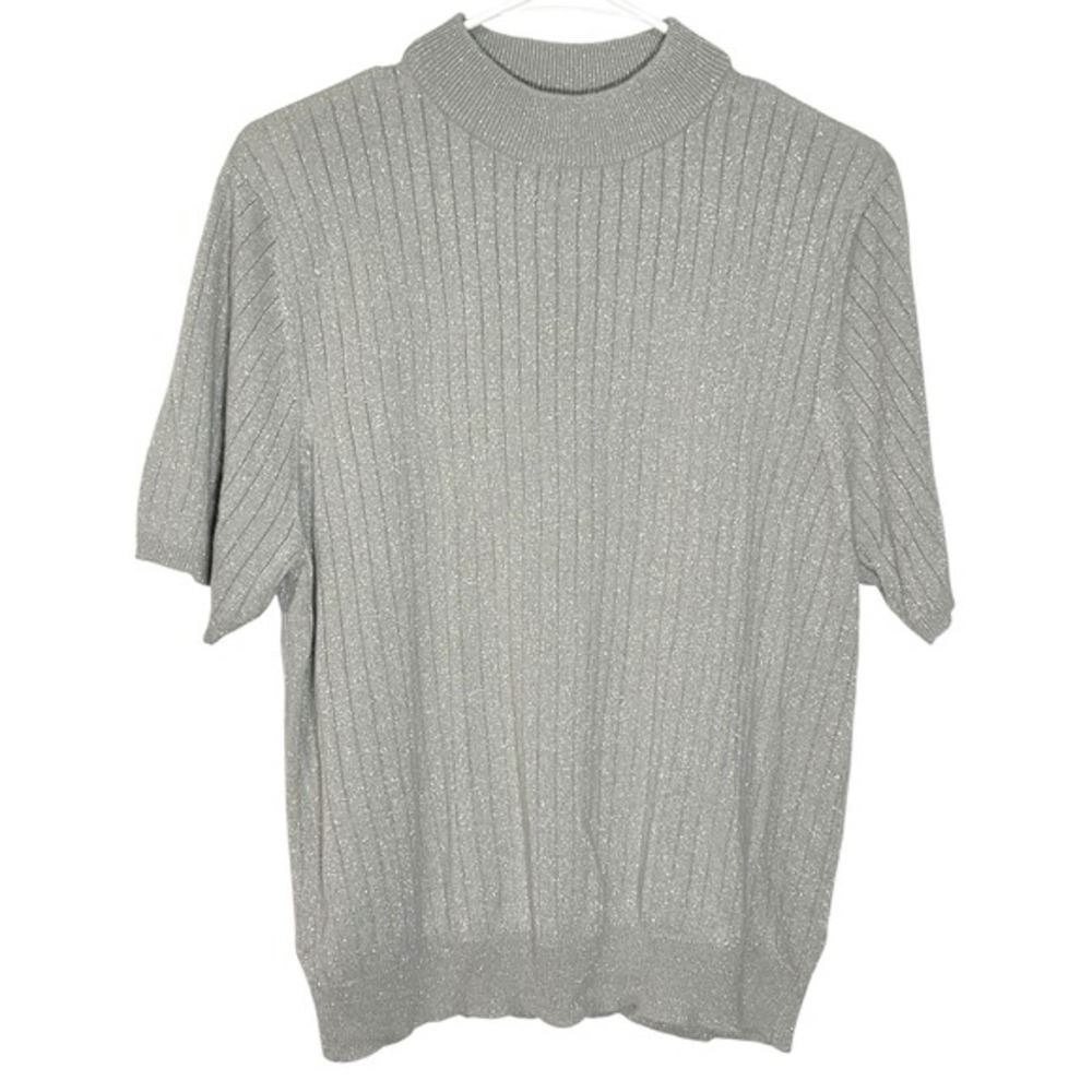 Sag Harbor XL Gray Short Sleeve Ribbed Metallic Sweater Y2K Party Festive Glam